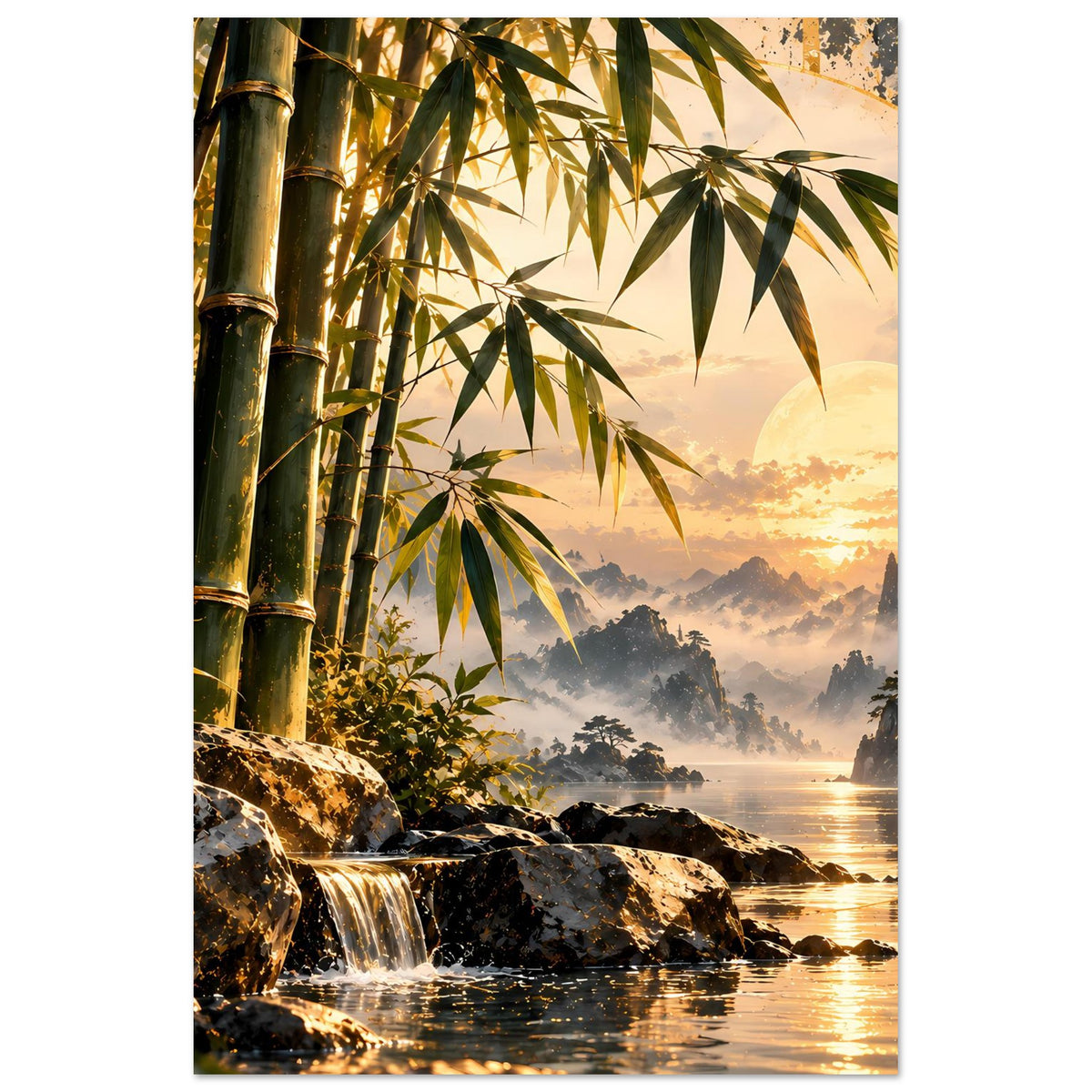 Poster mit Bambus, Wasserfall und Sonnenuntergang; goldene Reflexion auf dem See
