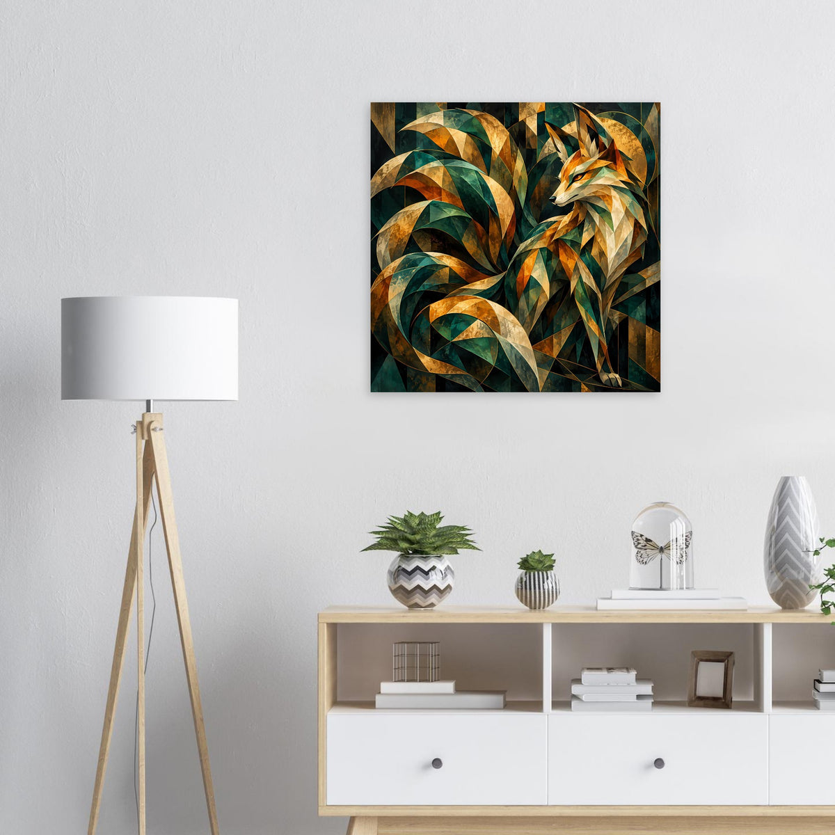 Quadratisches Kunstposter: goldener und smaragdgrüner Fuchs mit abstrakten Bandformen