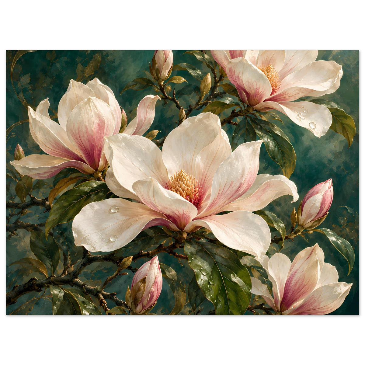 Floralposter mit Magnolienblüten, cremefarben mit rosa Schattierung, Zweige mit Blättern, gerahmt