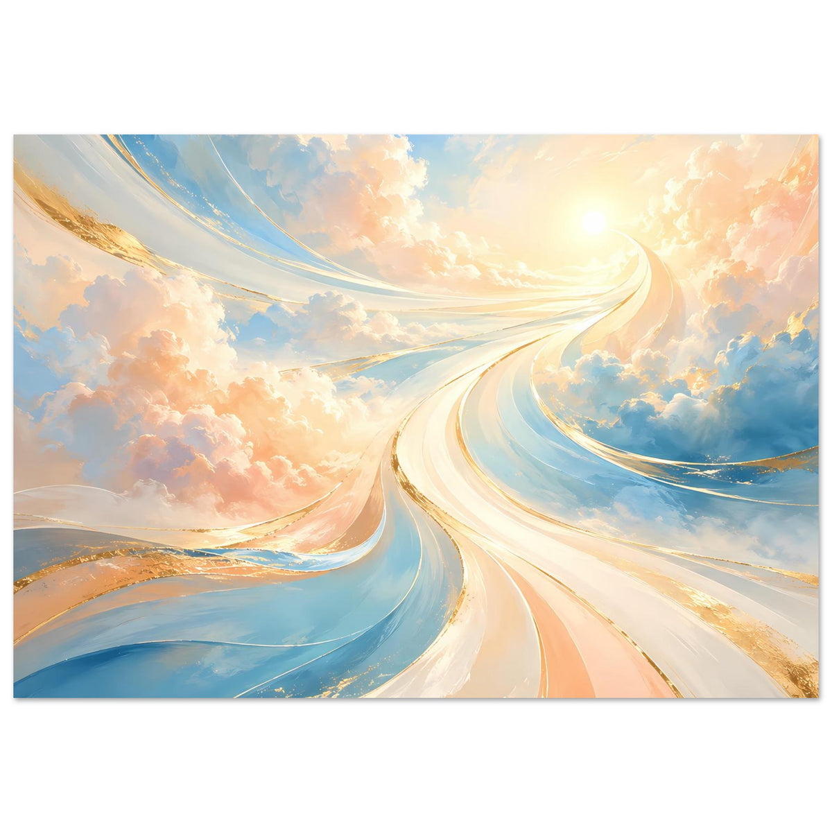 Poster mit strahlendem Lichtpfad und Wolkenwolkenwirbel in Pastellfarben