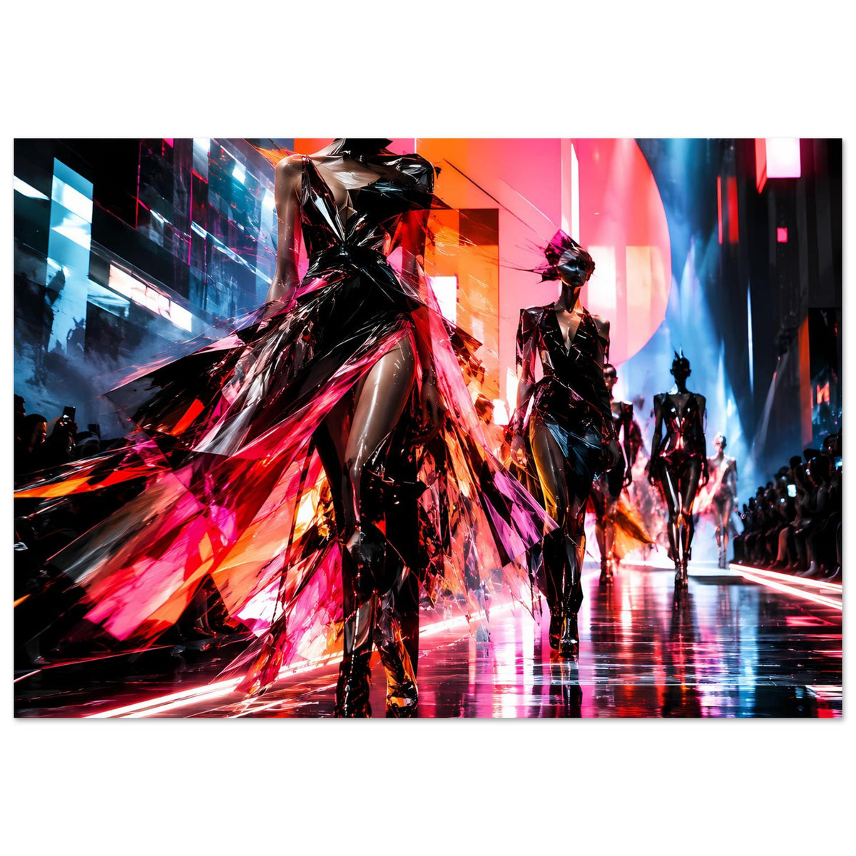 Poster mit futuristischer Laufstegszene: Models in schwarzen Anzügen, Neon-Reflexe in Rot/Blau.