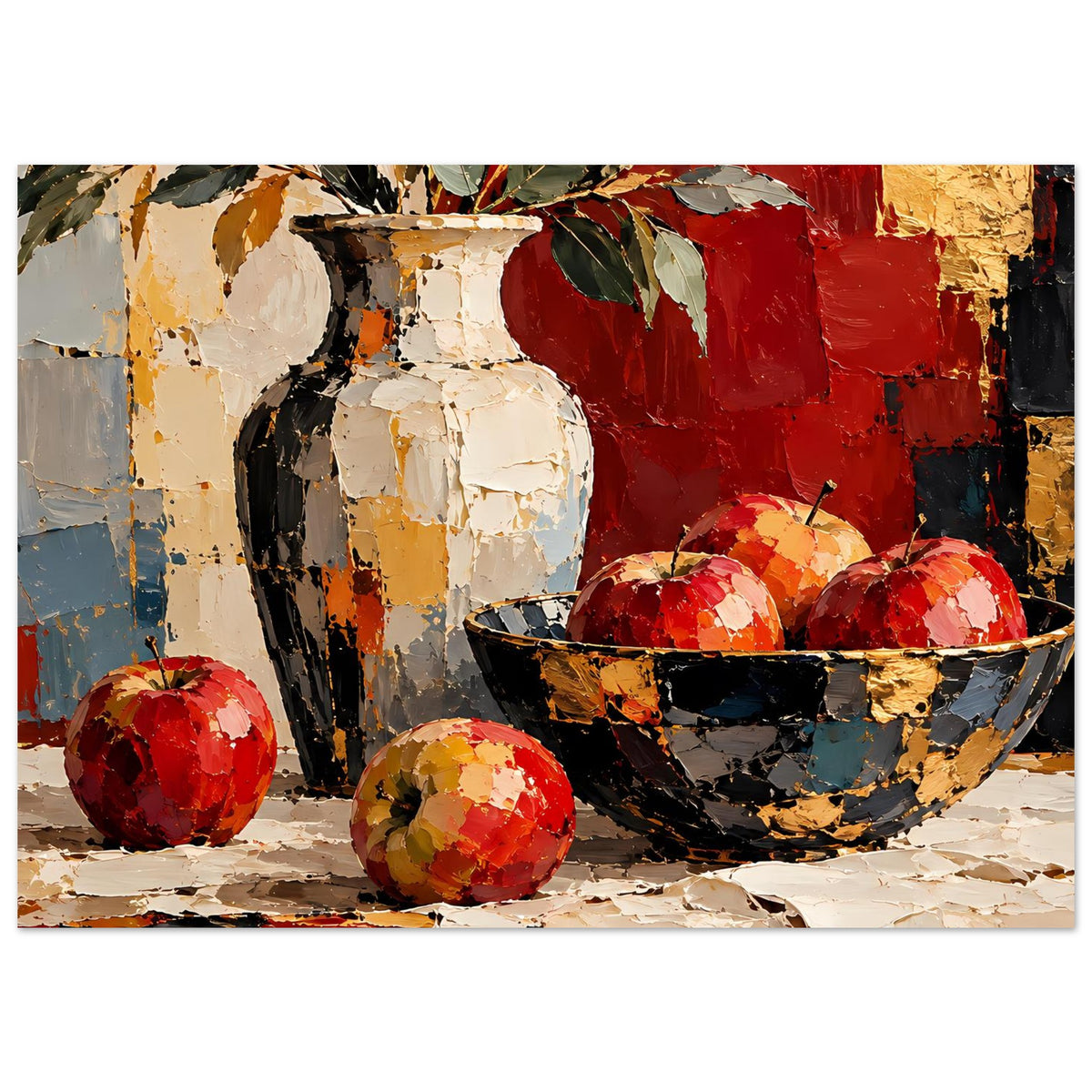 Kunstposter mit Stillleben in Rot und Gold: Schale, Früchte und Vase