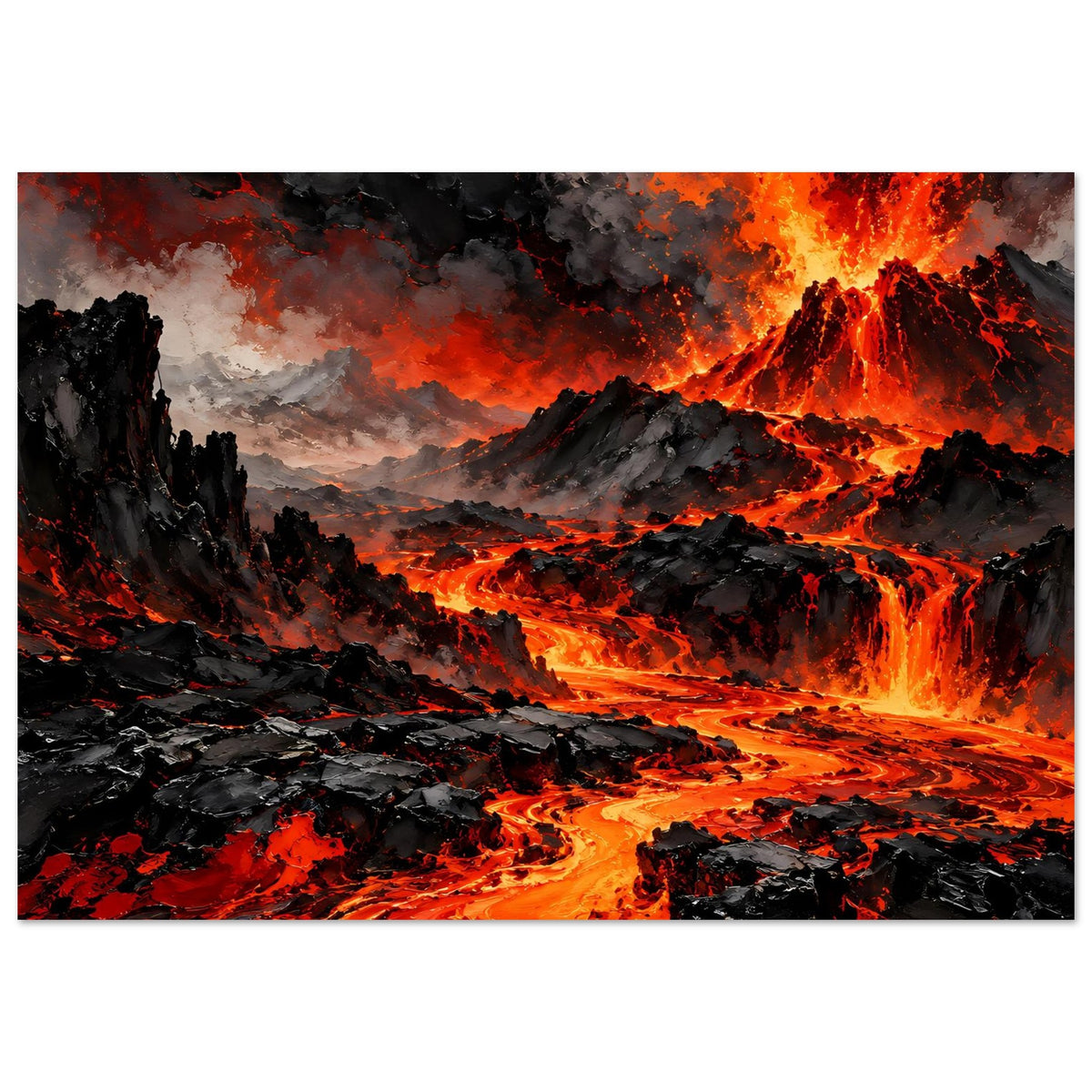 Poster Vulkaneruption: Fluss aus Lava, rauchige Wolken und brennende Schluchten.