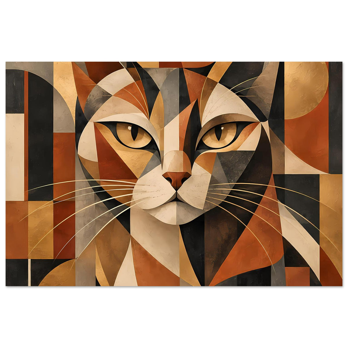 Geometrisches Katzenporträt-Poster in warmen Erdtönen, schwarzem Hintergrundakzent und Schnurrhaaren