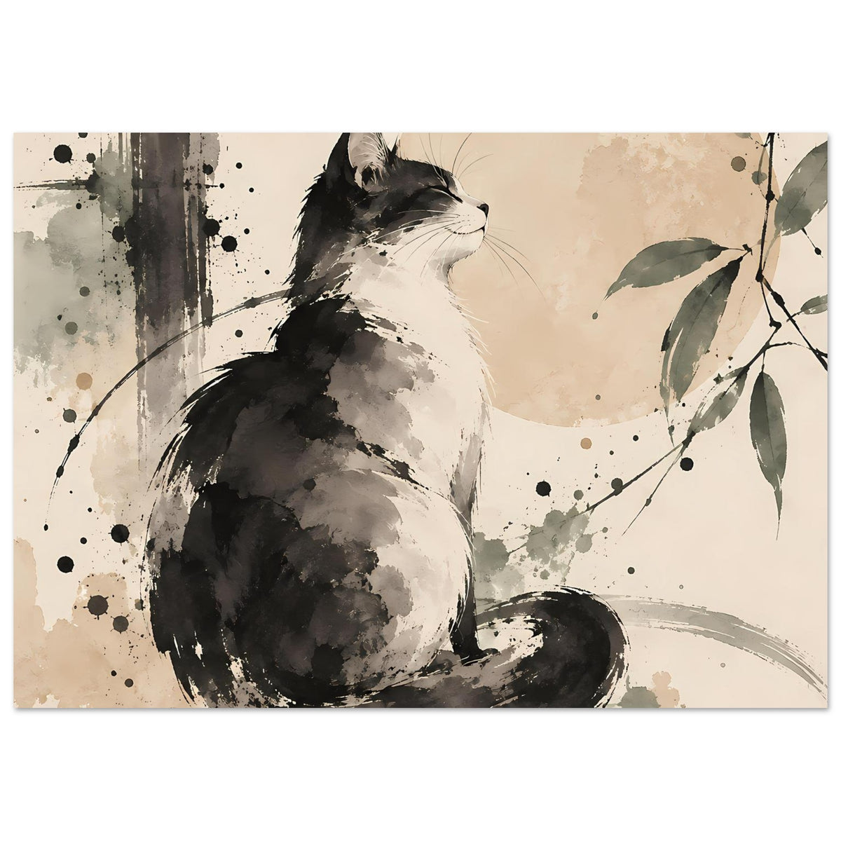 Poster im Querformat mit Schwarzweiß-Katze, aquarellartige Pinselstriche und Blattzweig