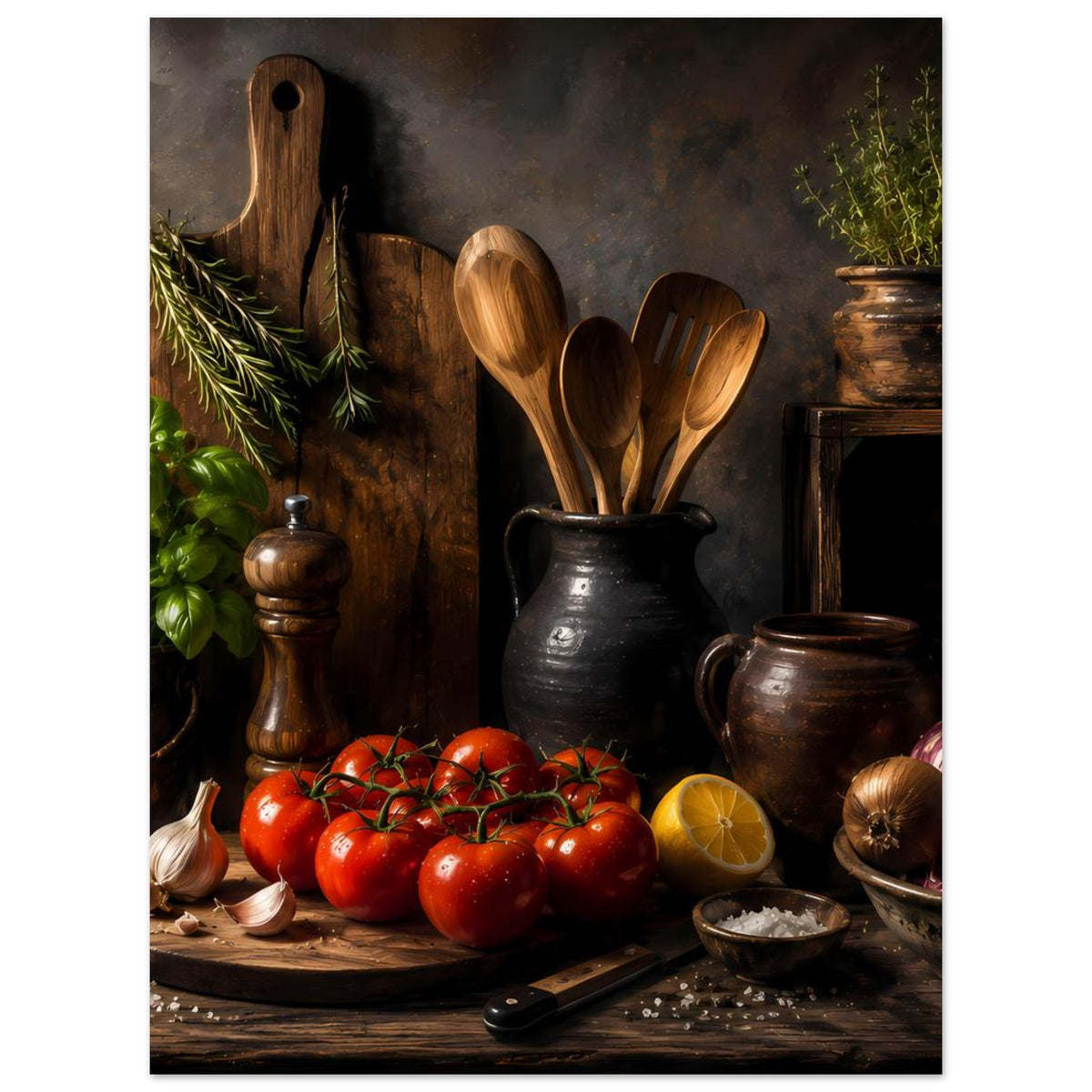 Küchenposter mit rustikalem Stillleben: Holzlöffel, Krüge, Tomaten, Zitrone und Gemüse
