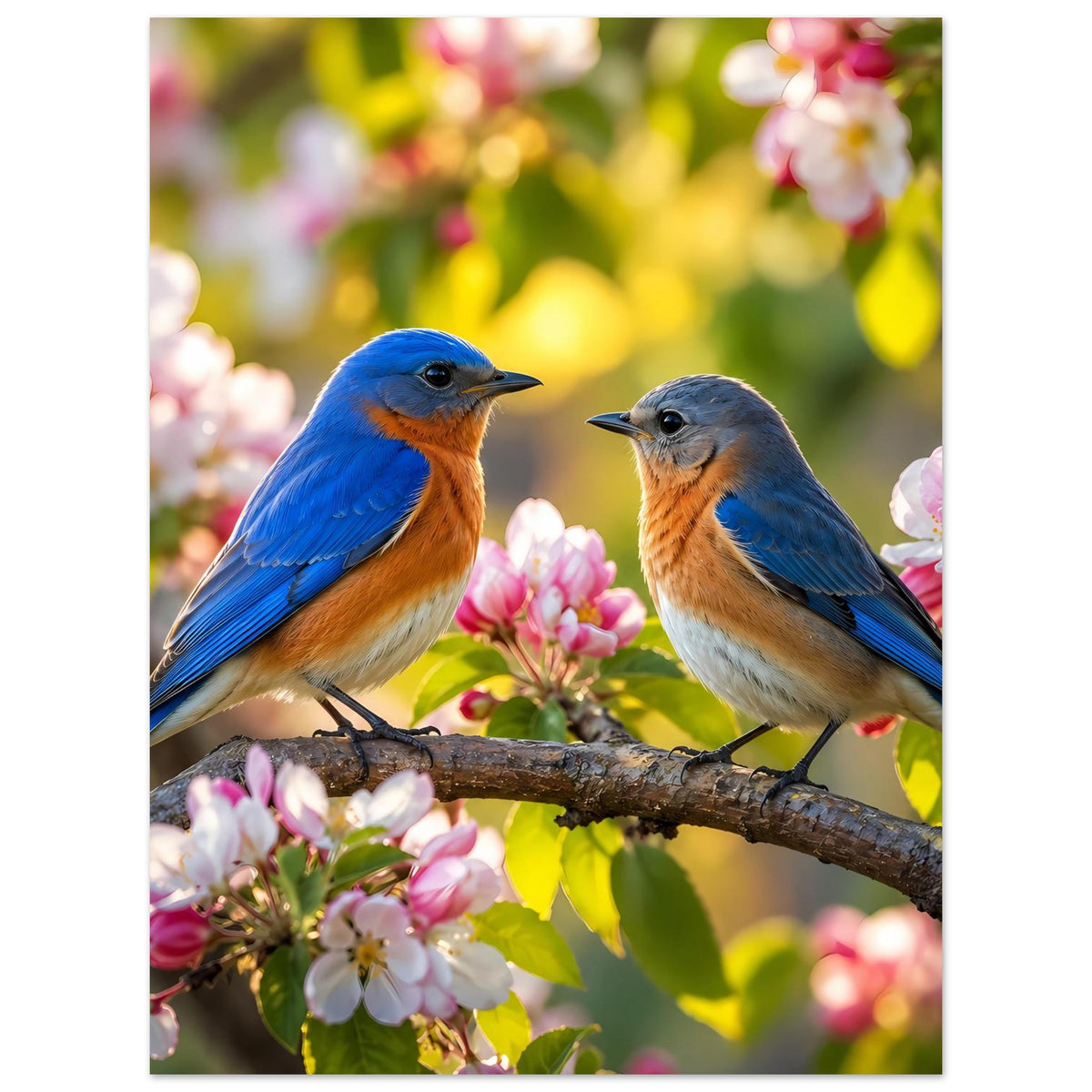 Poster im Hochformat mit zwei Blaumeisen auf einem Ast, umgeben von rosa Blüten.