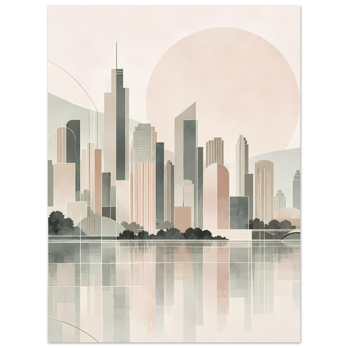 Stadtposter im Hochformat: Skyline mit Gebäuden und Wasser-Reflexion, große Sonnenscheibe