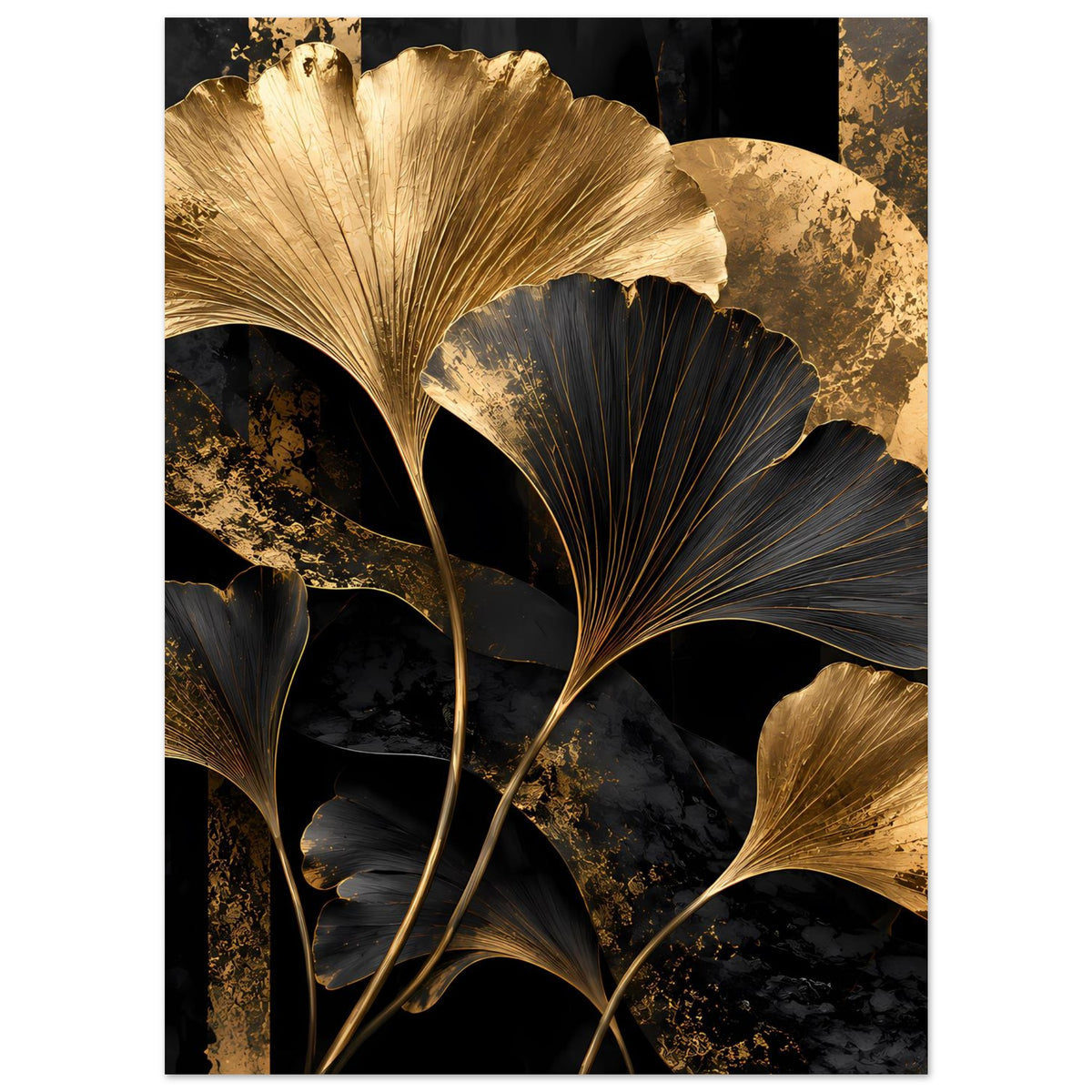 Botanisches Poster, vertikal: goldene Blätter, dazwischen dunkelblaue Ginkgo-Formen
