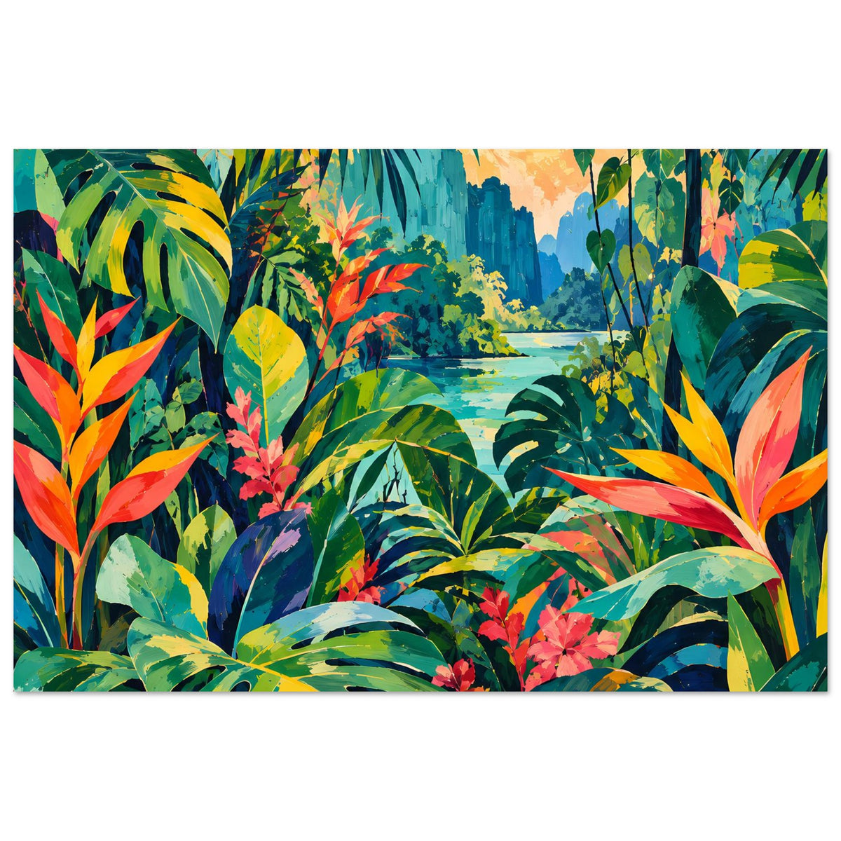 Rechteckiges Tropen-Jungle-Poster mit dichtem Laub, leuchtender Sonne und Fluss