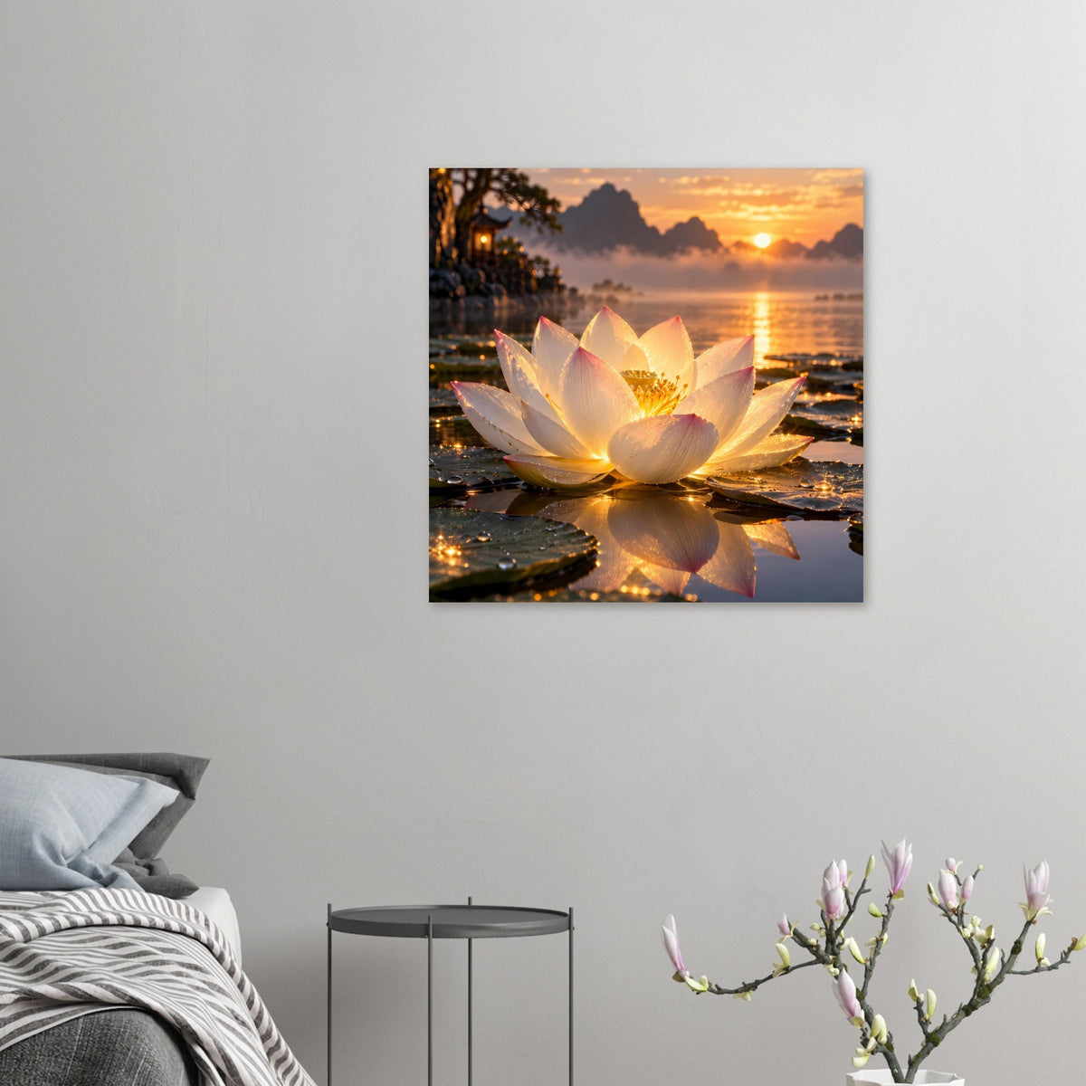 Poster mit Lotusblüte und warmem Sonnenuntergangslicht, zentral im Bildausschnitt