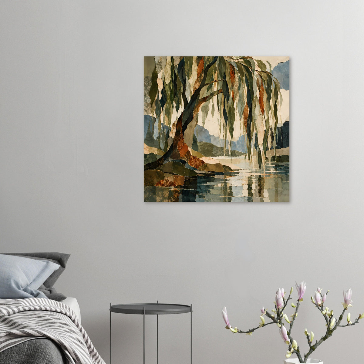 Kleines Wandposter im Querformat mit Baumlandschaft am See und Wasserreflexion
