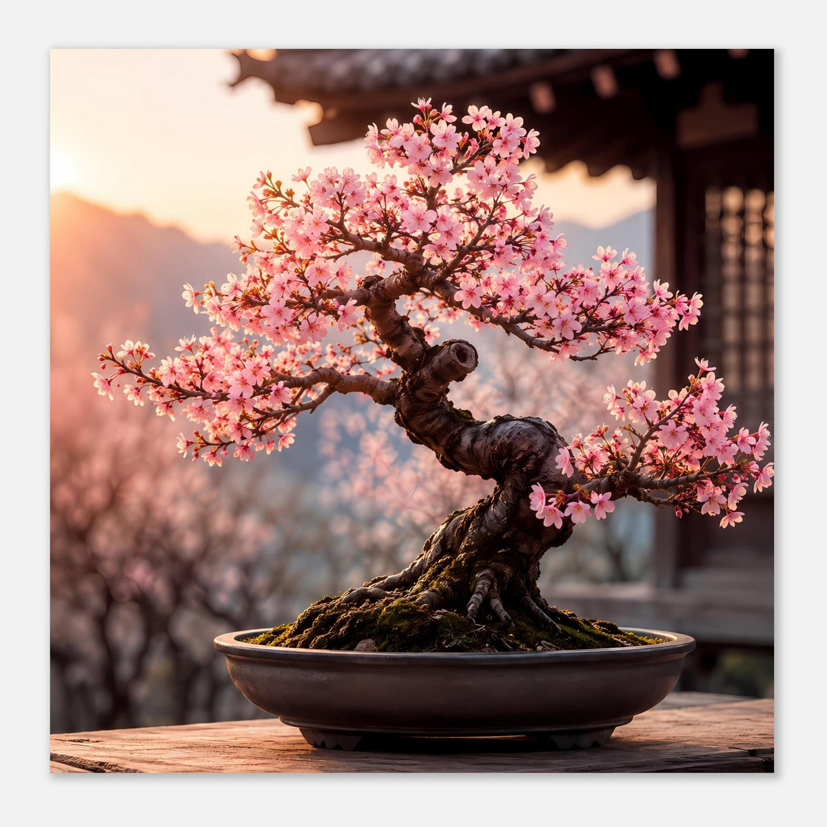 Poster mit Bonsai-Baum und rosa Blüten, Schale in Nahansicht am unteren Rand