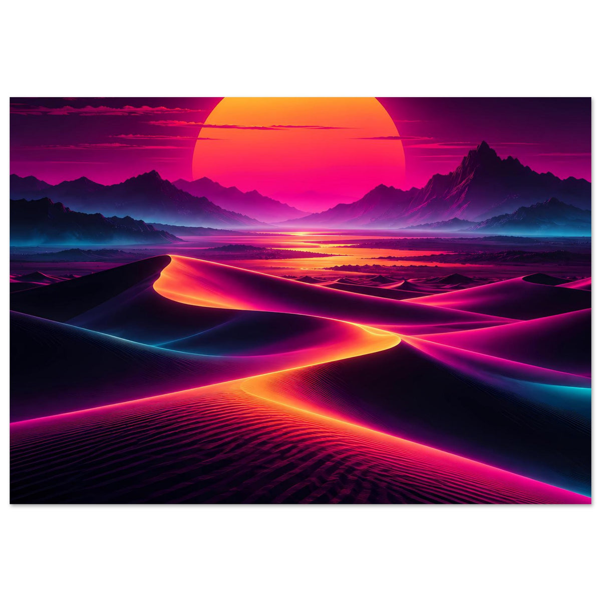 Neon-Wüstenlandschafts-Poster im Querformat mit großer Sonne, bunten Lichtlinien über Dünen