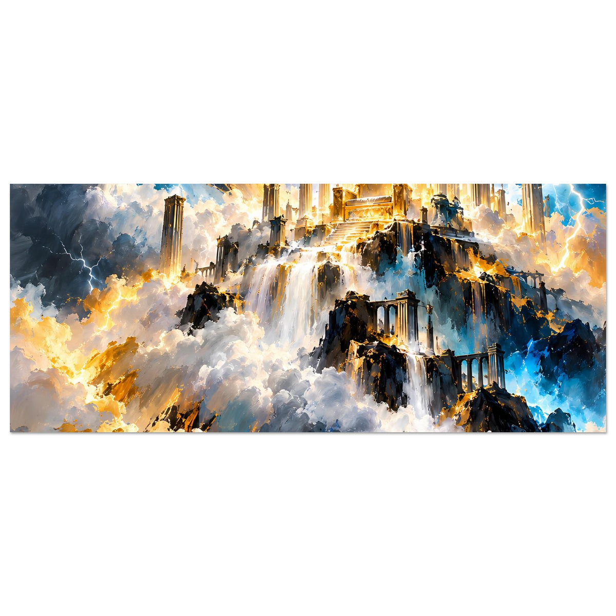Fantasy-Poster quer: Ruinenburg über Wolken, Wasserfälle, goldene Strahlen, Blautöne und Gewitter