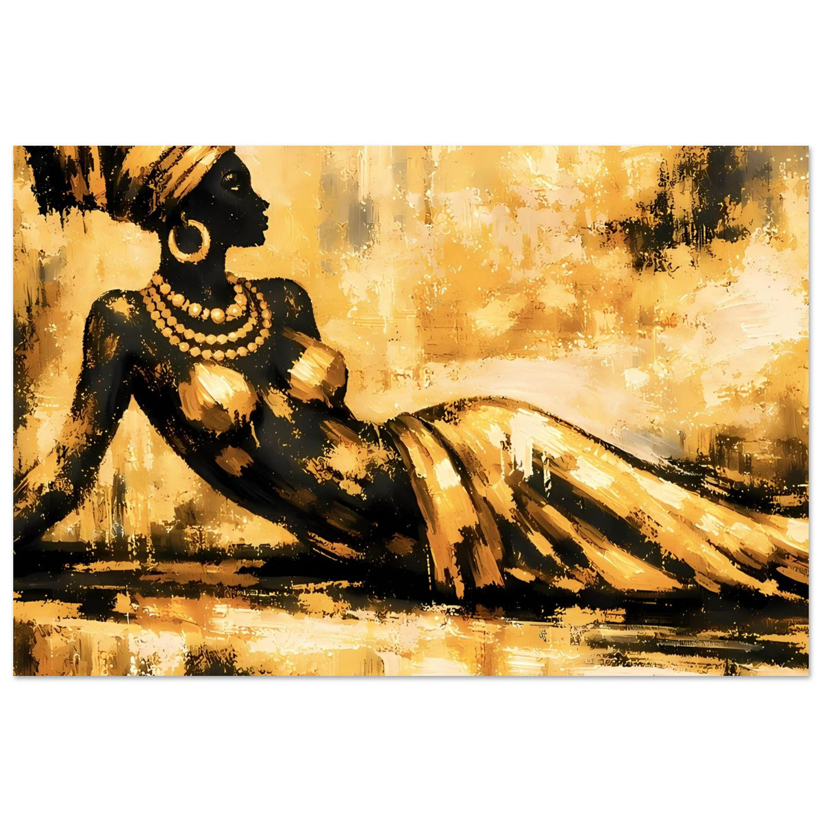 Kunstposter: goldene Frau in goldener Pose, schwarze Silhouette mit Perlenkette