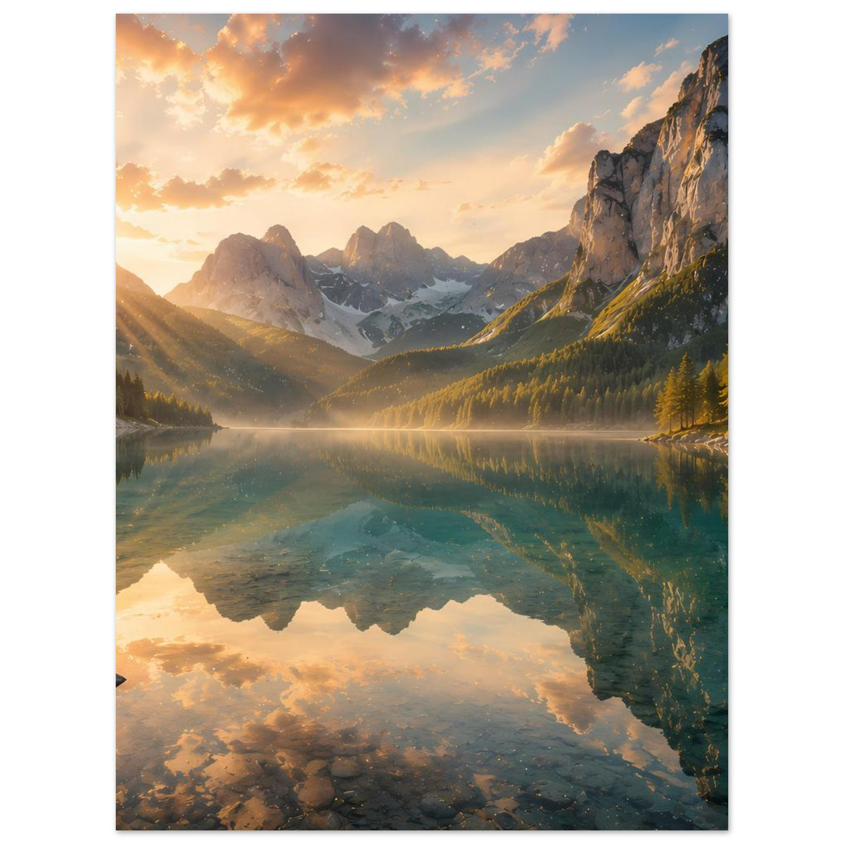 Kunstdruck-Poster mit Sonnenaufgang über Bergsee, Spiegelung im ruhigen Wasser