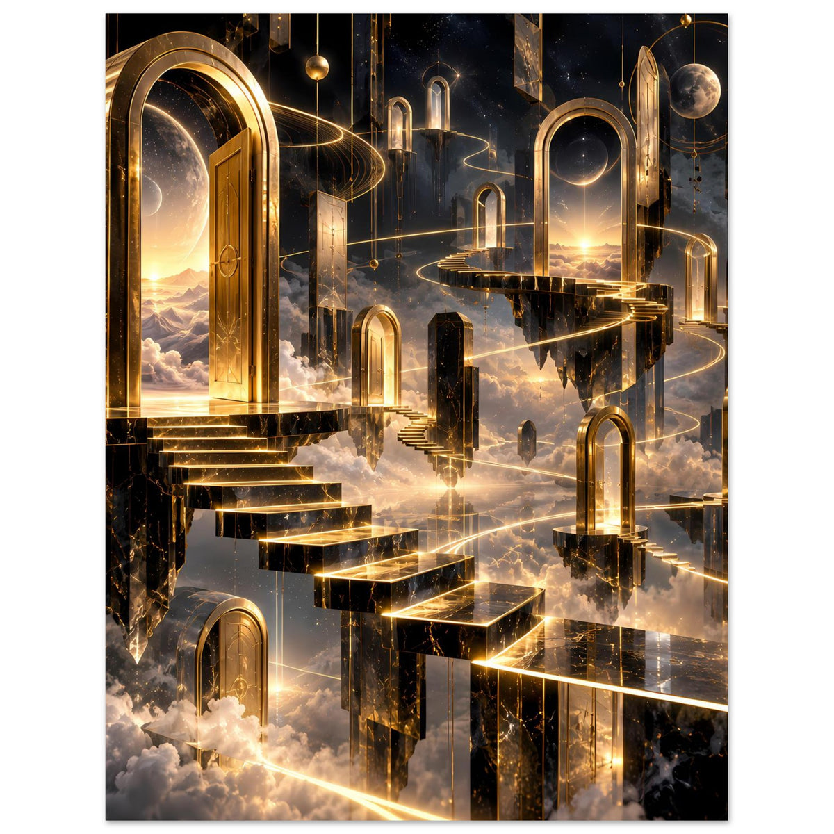 Premium-Poster mit gold-schwarzen Säulen, großen Toren und Wolken im Hintergrund