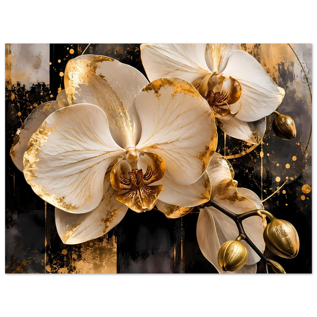 Poster im Querformat mit Nahansicht: weiße Orchideenblüten mit goldenen Sprenkeln