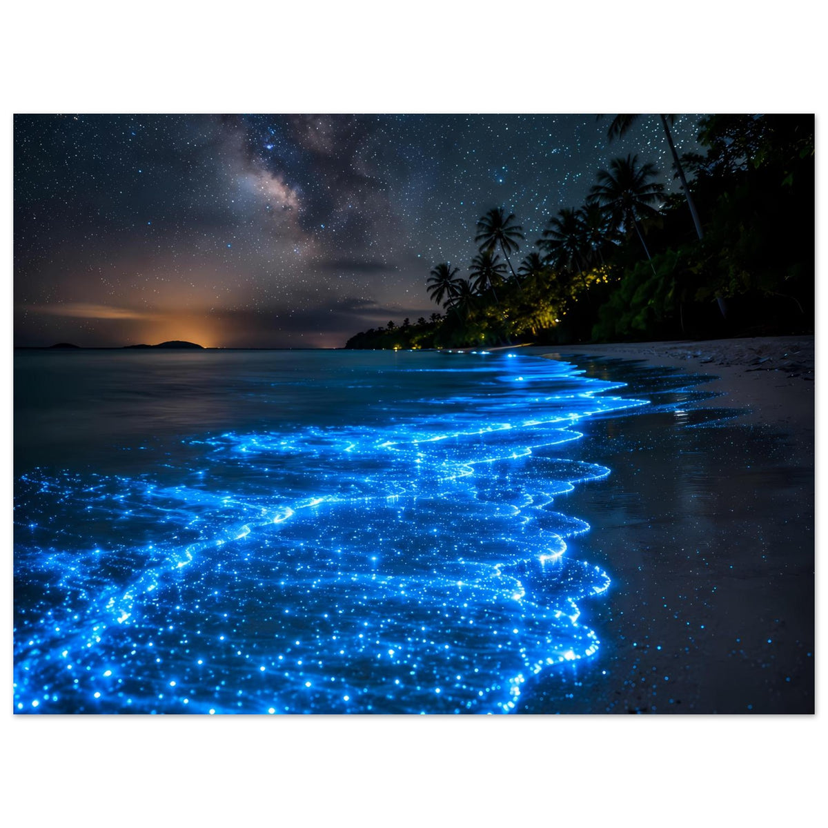 Biolumineszenz-Strandposter mit blau leuchtender Uferlinie, Sternenhimmel und Palmen