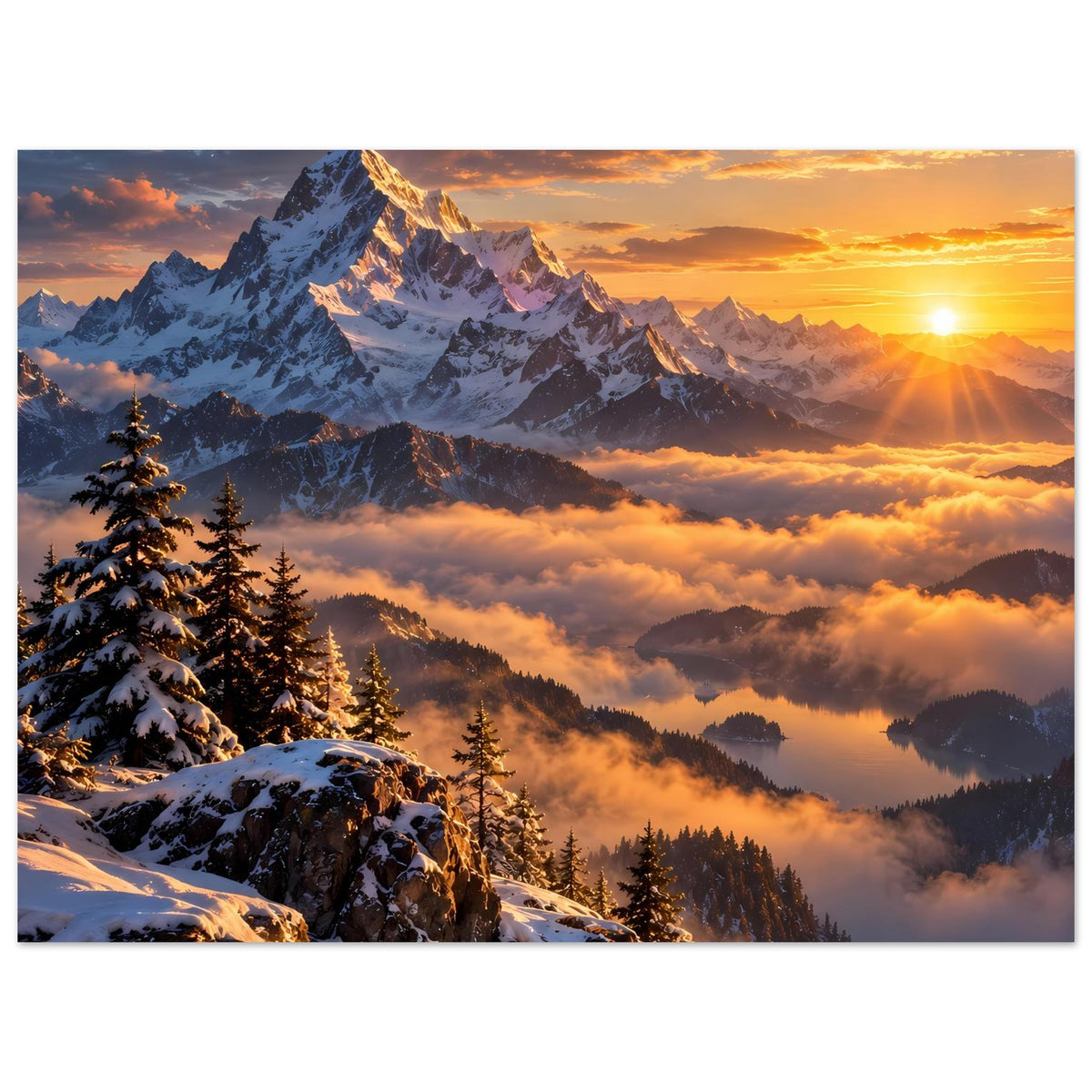 Poster mit Sonnenstrahlen über schneebedeckten Bergen, Tannen und Wolken im Tal