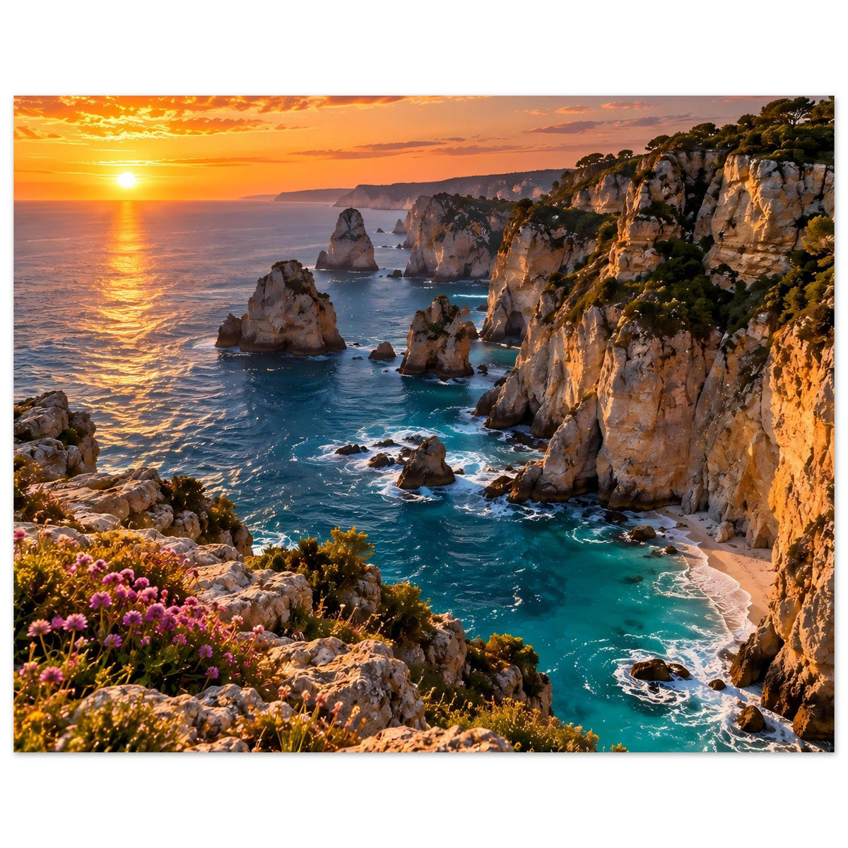 Küstenposter im Hochformat mit felsiger Küste, türkisfarbenem Wasser und orangefarbenem Abendhimmel