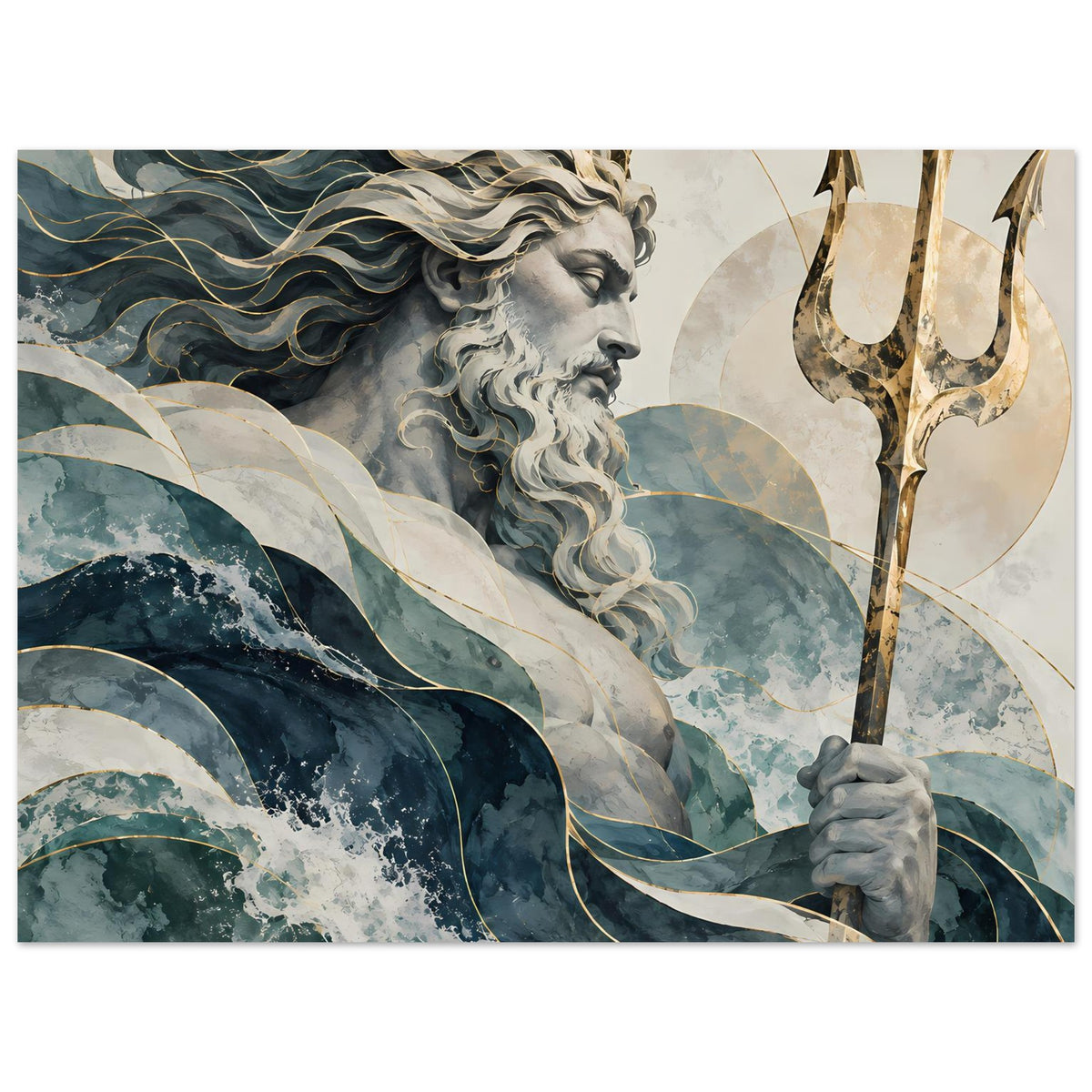 Wandkunst-Poster im Querformat: Poseidon, Dreizack und Wellenmeer in Blaugrün