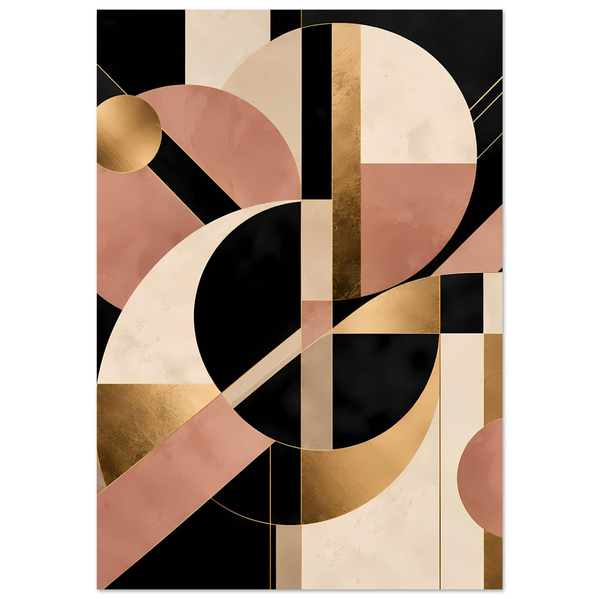 Wandposter mit Art-Deco-Formen: Kreisbögen, Rechtecke und Goldakzenten in Schwarz und Blush