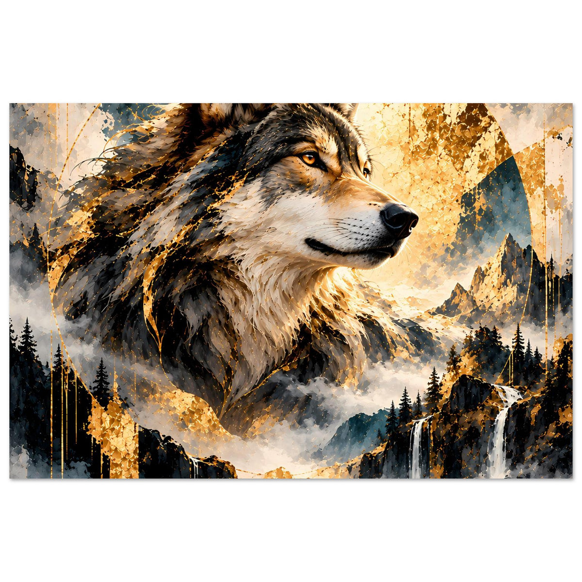 Poster im Querformat: Wolf mit braun-grauer Mähne, goldene Farbakzente, Flusslandschaft