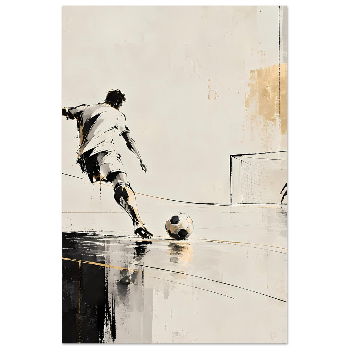 Querformat-Poster: Fußballspieler im Schuss, Ball und Tor, Beige-Schwarz im minimalistischen Stil