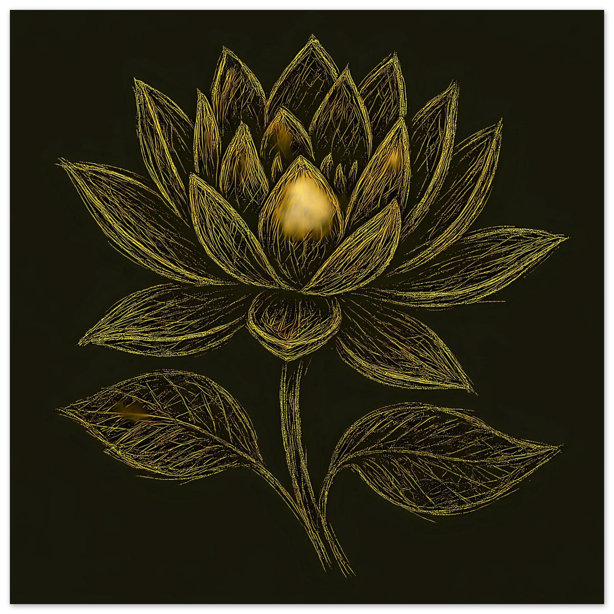 Quadratisches Poster mit goldener Lotusblüte, zentriert auf tiefschwarzem Hintergrund