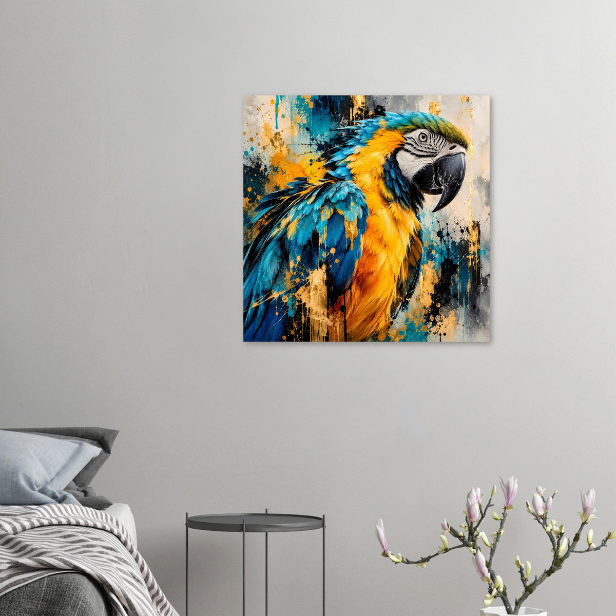 Parrot-Kunstposter: kleines Papagei-Porträt im Querformat mit blau-gelbem Gefieder