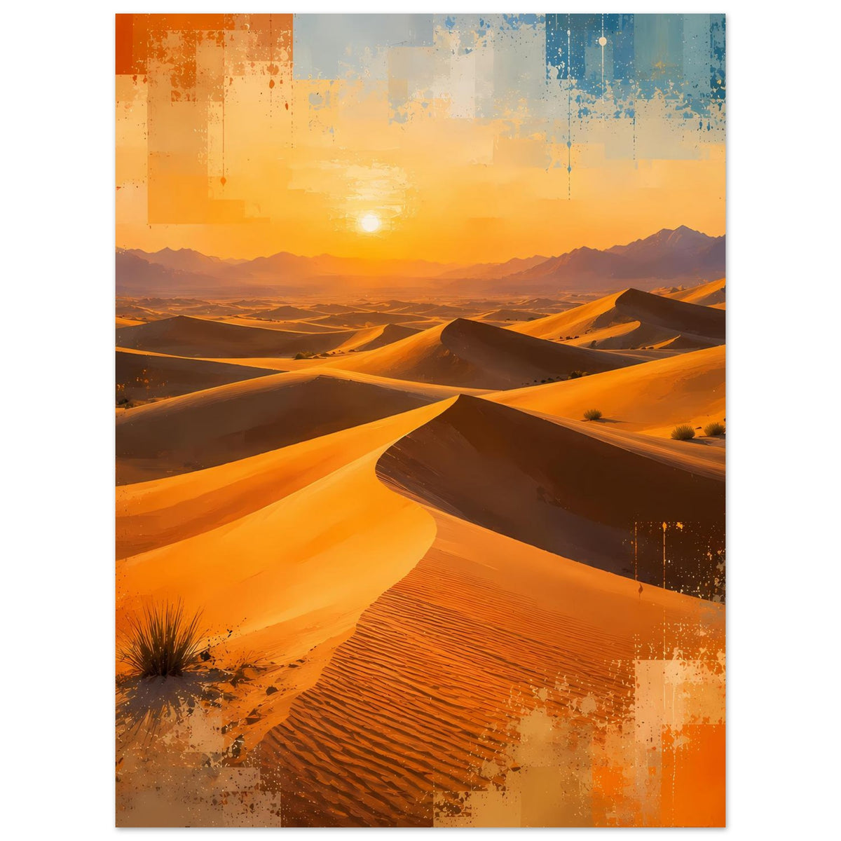 Wüstenlandschafts-Poster, vertikal: Dünenlandschaft im warmen Sonnenuntergang mit Farbflächen