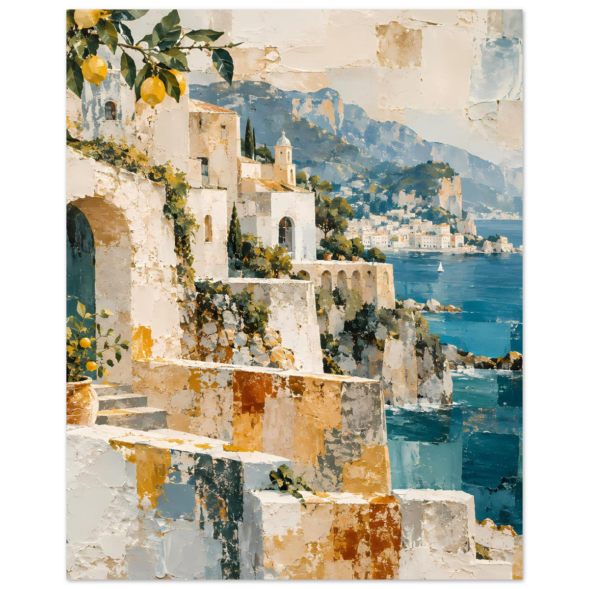 Kunstposter mit mediterranem Hafenblick, ockerfarbene Gebäude und tiefblaues Meer