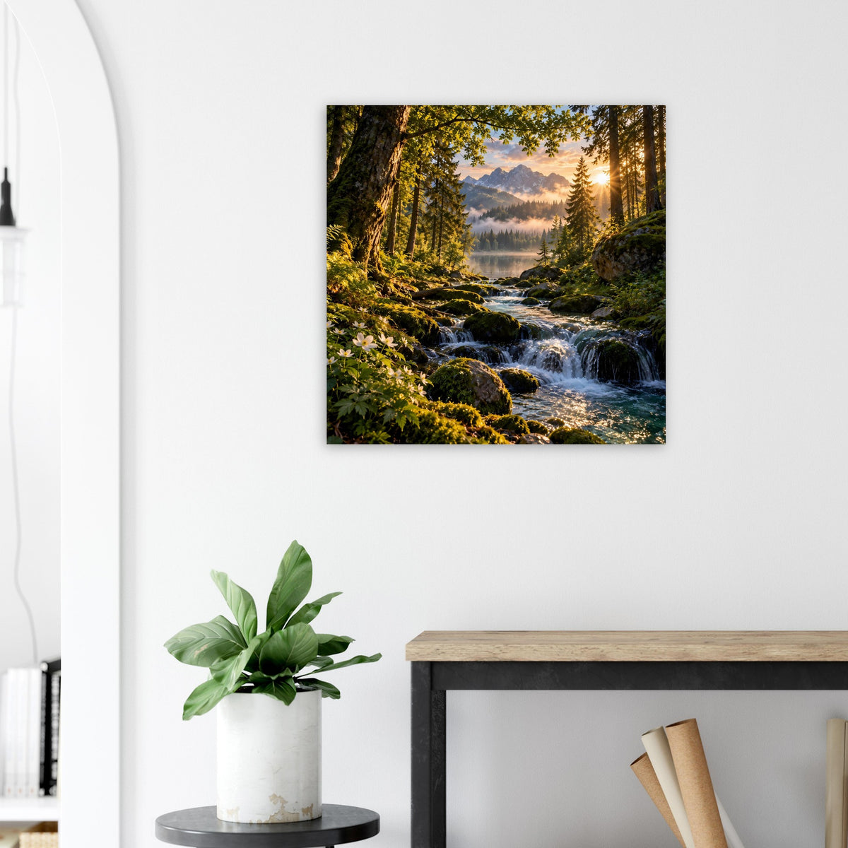 Wasserfall-Poster mit Sonnenlicht im Wald, quadratisch, auf mattem Premiumpapier