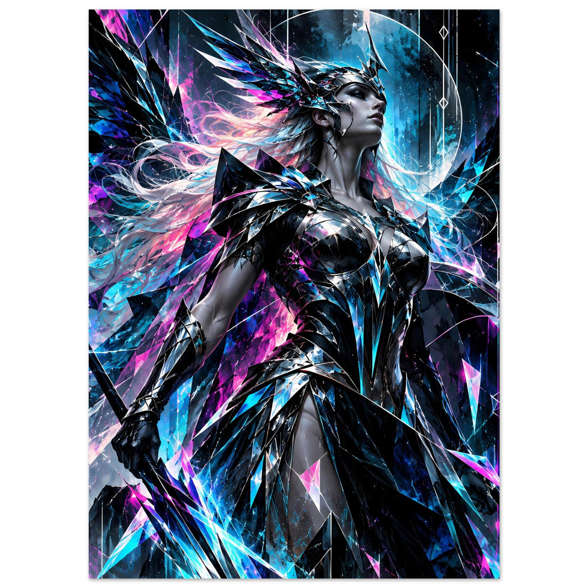 Poster mit Valkyrie im neonfarbenen Fantasy-Design, silberne Rüstung, überwiegend in Blau und Pink