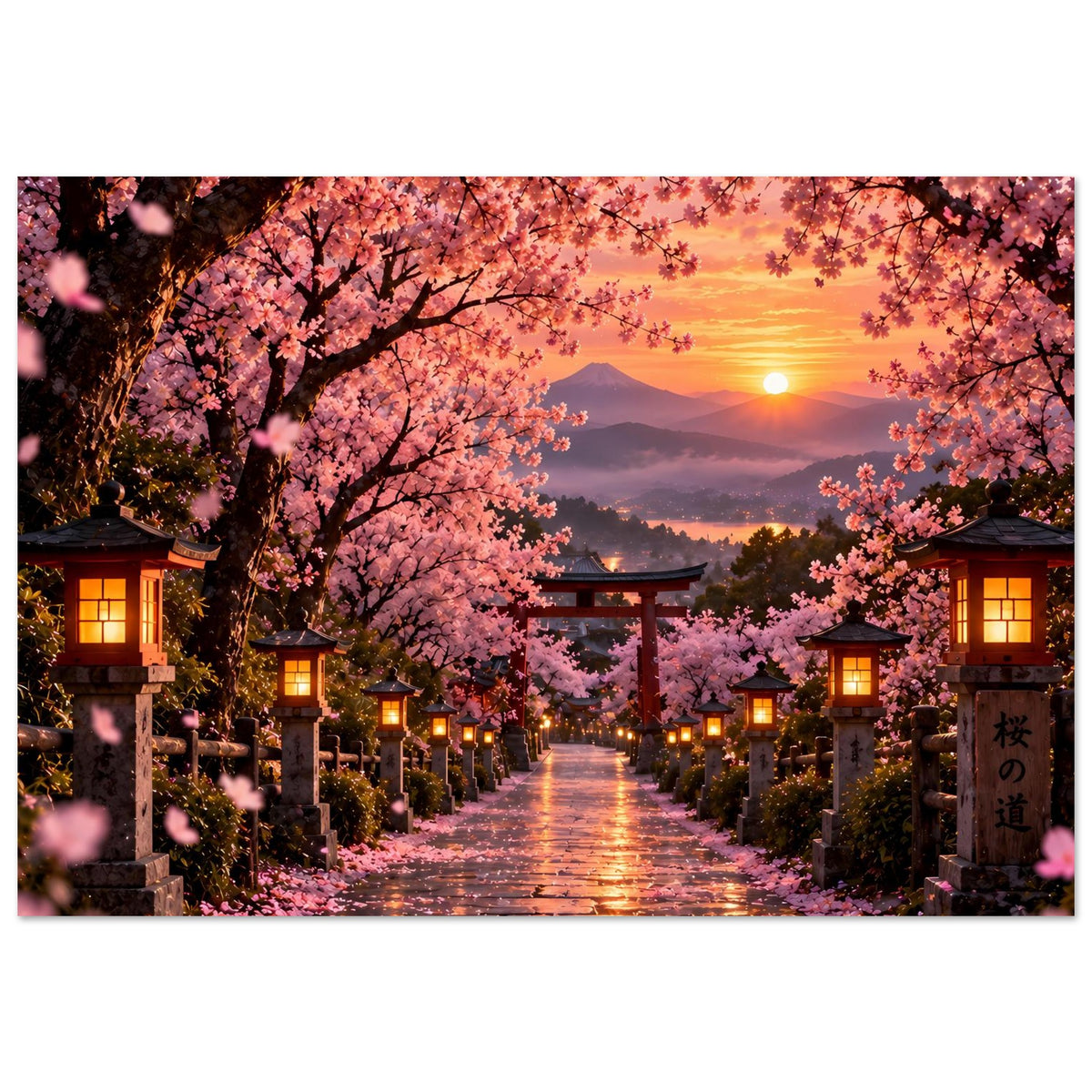 Sakura-Poster mit Kirschblütenallee, Torii und goldenem Licht der Abendsonne