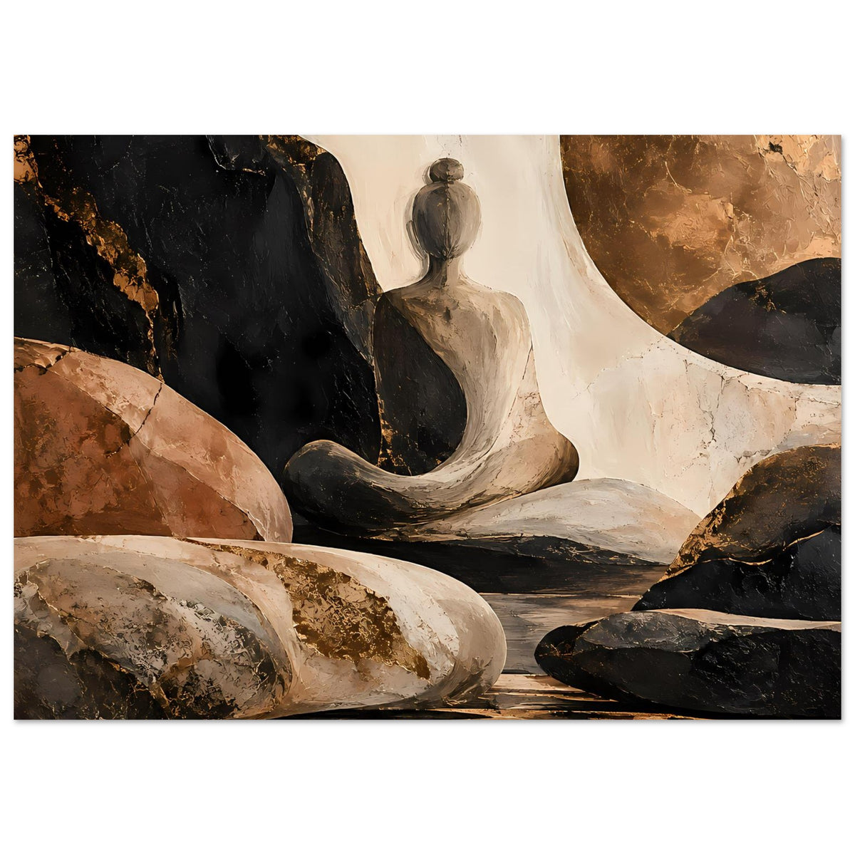 Meditatives Abstract-Poster mit ruhender Figur, warme Erdtöne, mattes Finish