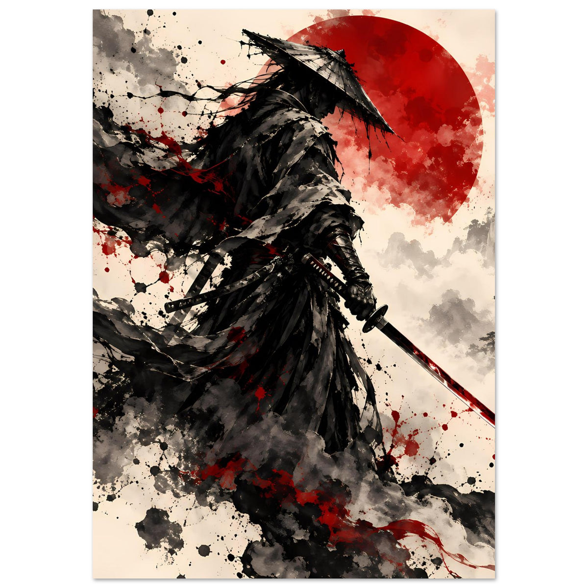 Poster im Hochformat: Samurai-Krieger mit Schwert, roter Sonnenkreis und schwarze Spritzer