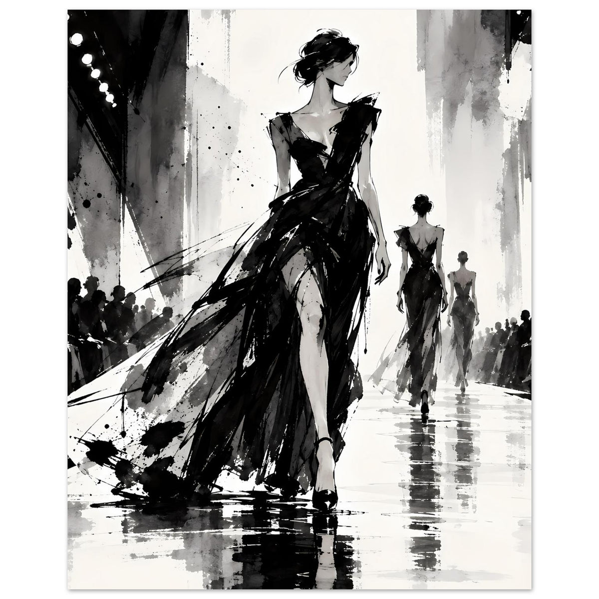 Mode-Illustrationsposter, schwarz-weiß: Vordergrundfigur im Ballkleid, weitere Silhouetten dahinter.