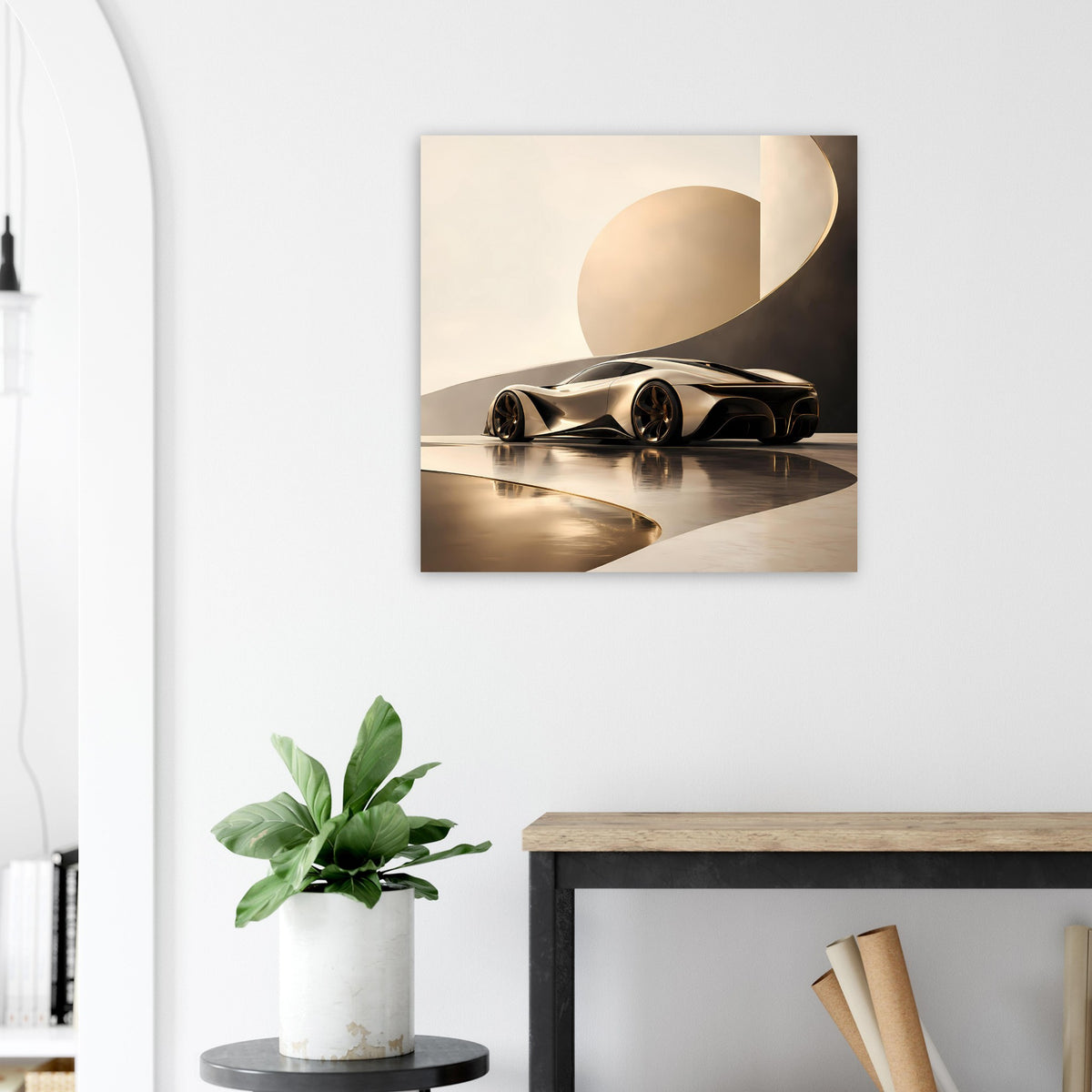 Quadratisches Autoposter mit schwarzem Sportwagen, goldener Reflexion und Rundbogen