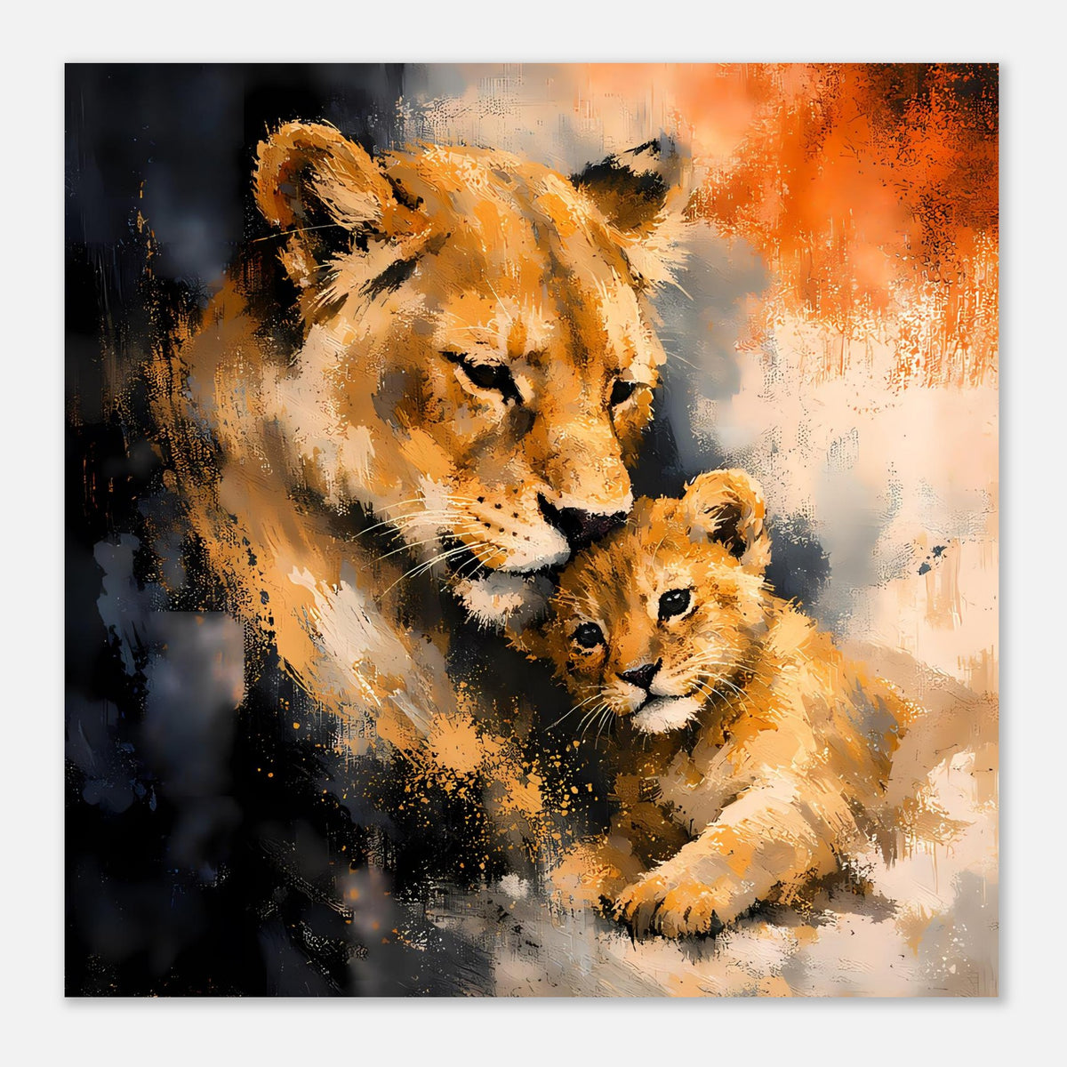 Poster mit Löwin und Jungtier, kompakte Darstellung in warmen Orange- und Grautönen