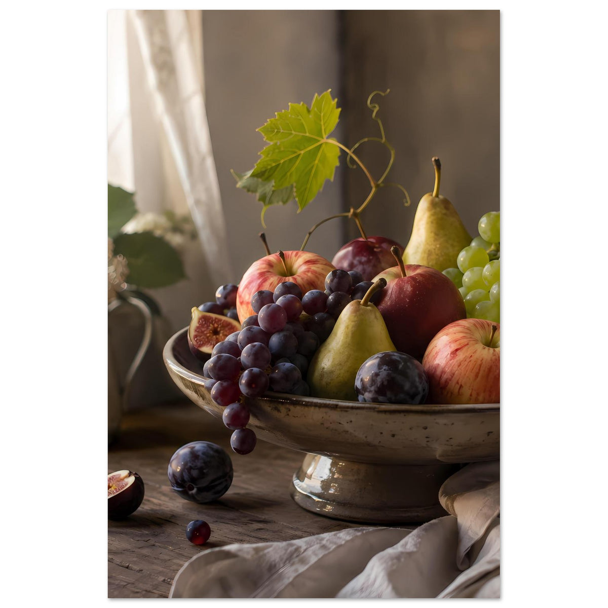 Poster mit Obstschale: Trauben, Äpfel und Birne; gelbe Weintrauben am rechten Bildrand