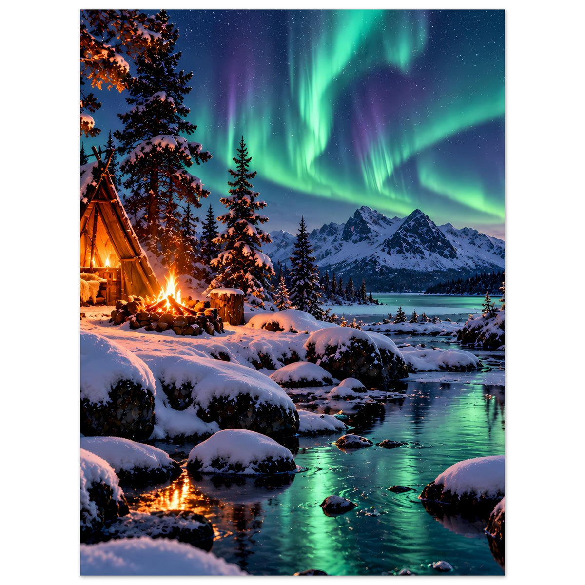 Vertikales Poster mit Nordlichtern, Bergkulisse, Feuerstelle im Schnee und glitzerndem Fluss