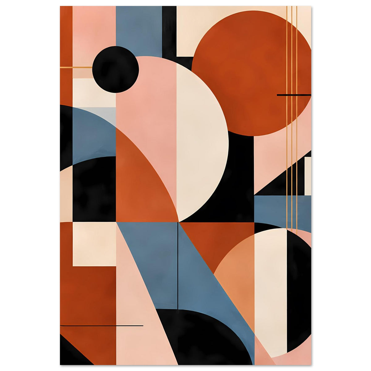 Abstraktes Wandposter mit Halbkreisen, Diagonalen und Linienraster in Terrakotta, Blau und Rosa