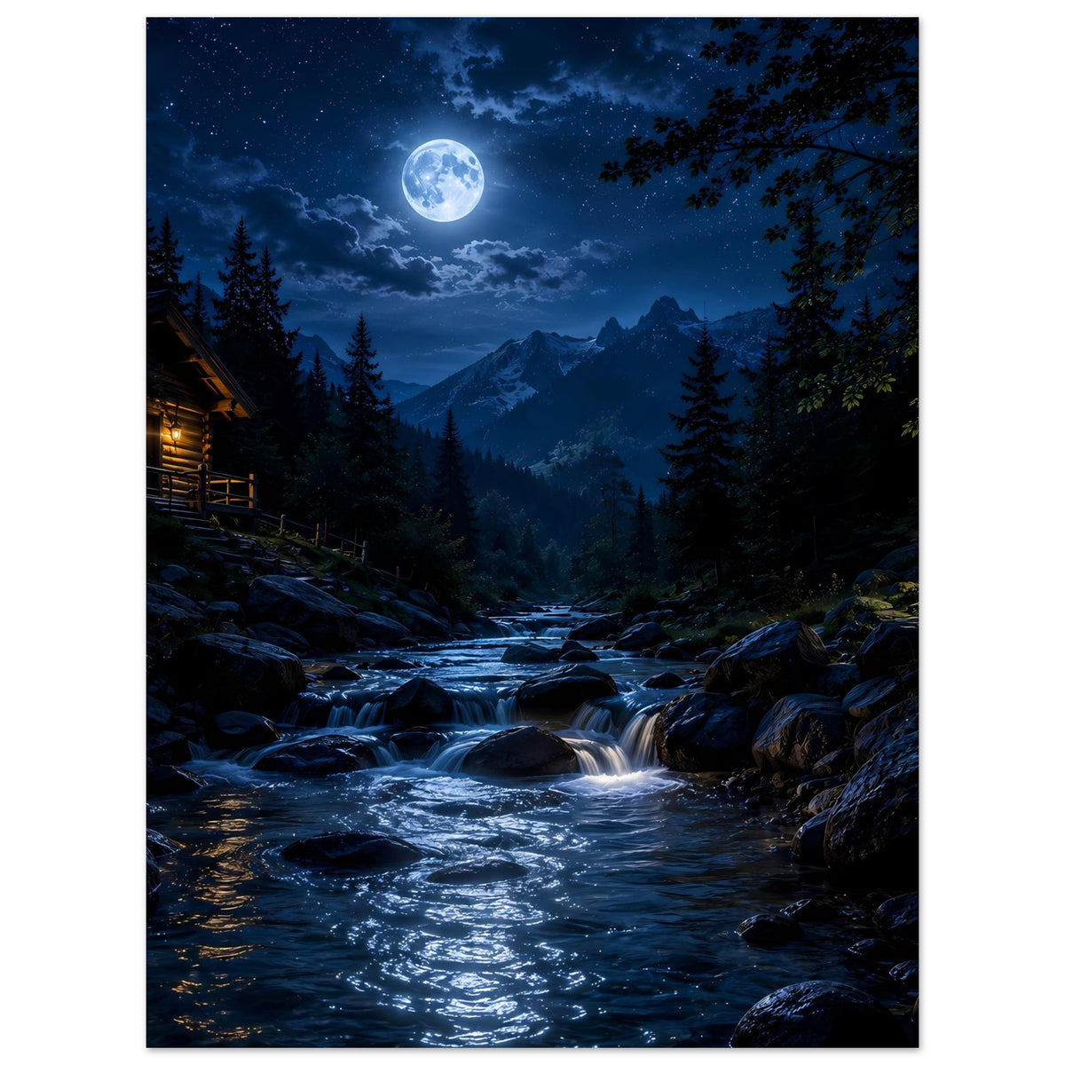 Waldposter im Hochformat mit mondbeleuchtetem Fluss und Tannen