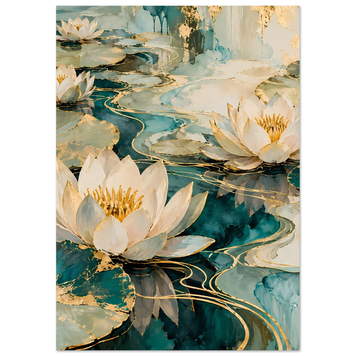 Lotusblüten-Wandposter, weißes Blütenmeer mit goldenen Konturen entlang blaugrüner Strömungen