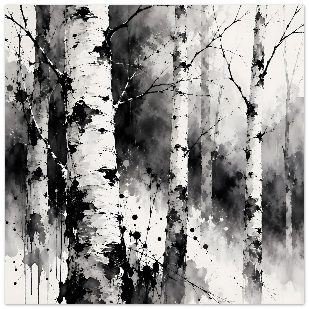 Schwarz-weißes Birch-Wald-Kunstposter mit Baumstämmen, Ästen und Farbspritzern im Querformat