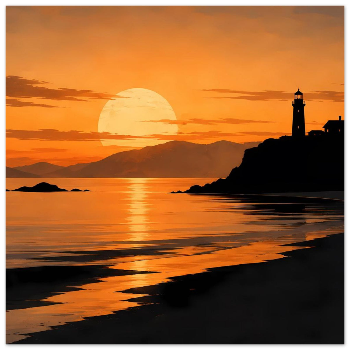 Küstenposter mit Leuchtturm, orangefarbenem Sonnenuntergang und spiegelnder Meeresoberfläche