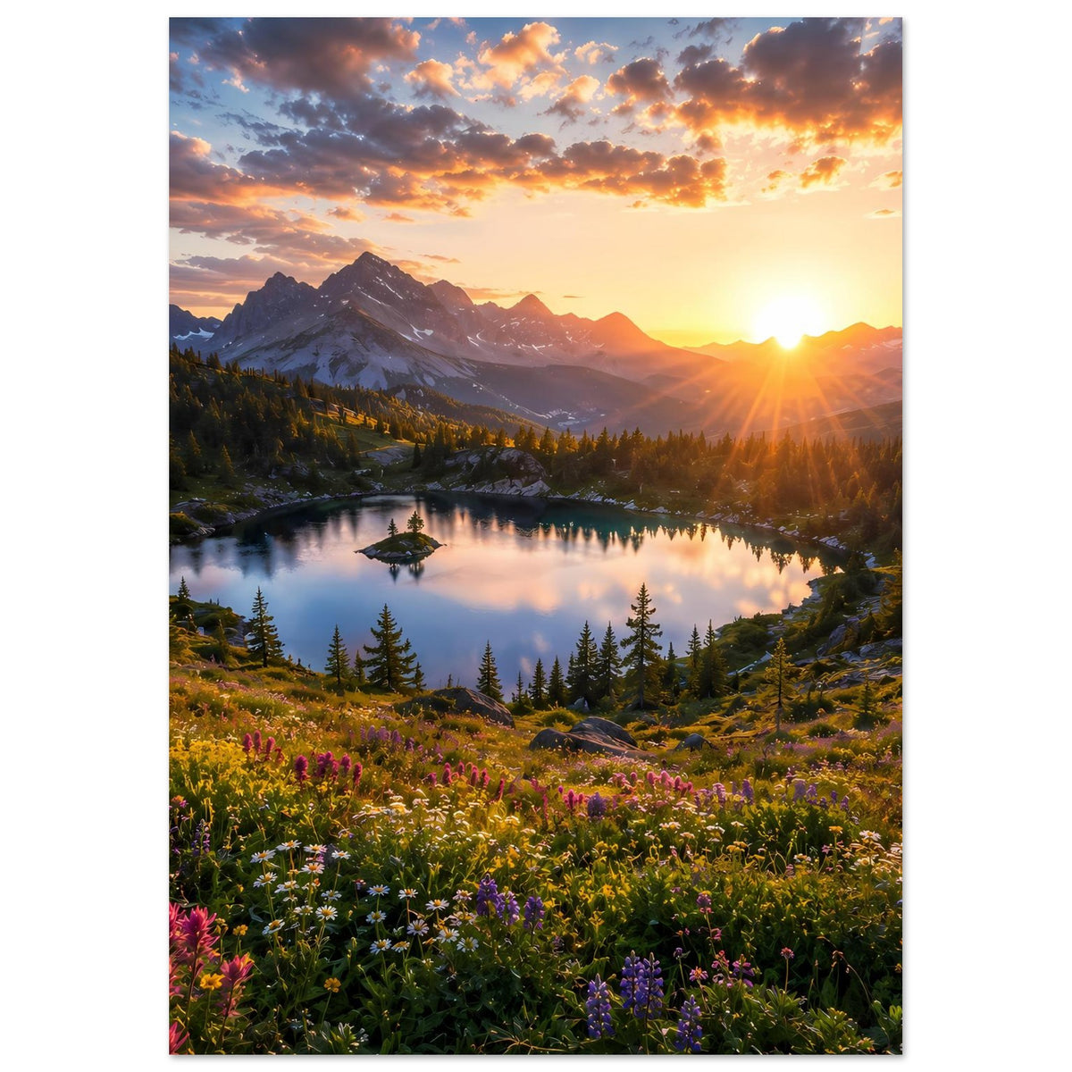 Poster im Hochformat mit Bergpanorama, spiegelndem See, Sonne und Blumen im Vordergrund.